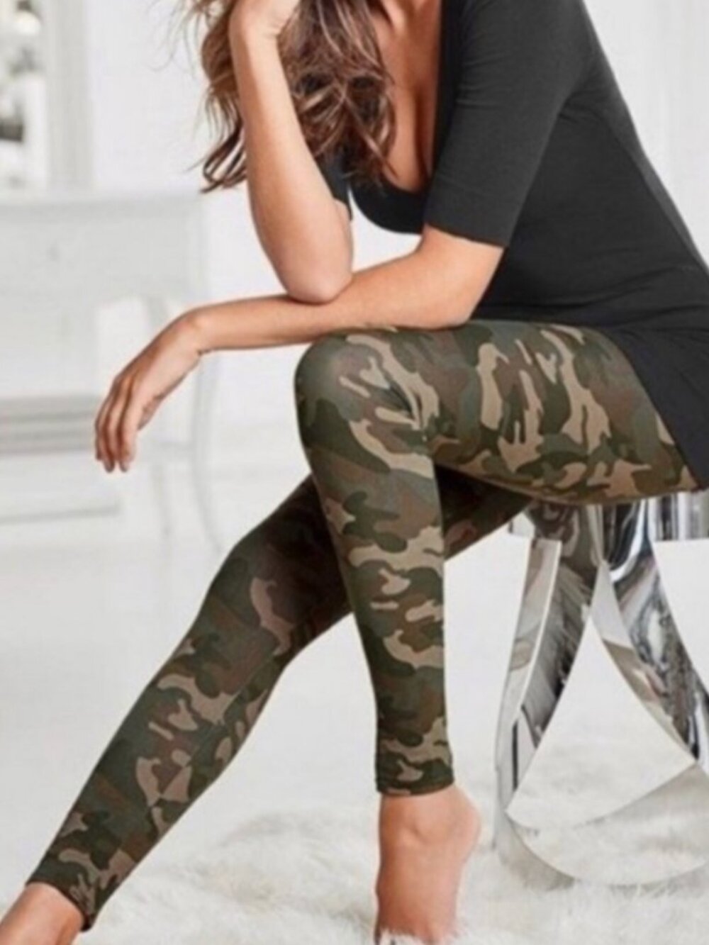 Olive Green Camo Print Leggings OS